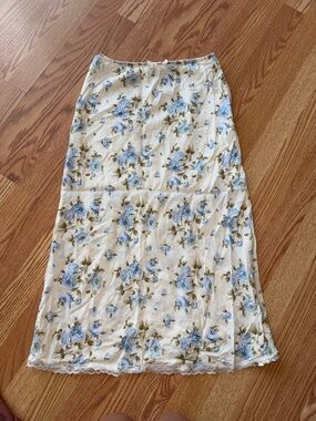 White Floral Skirt with Blue Rose Print